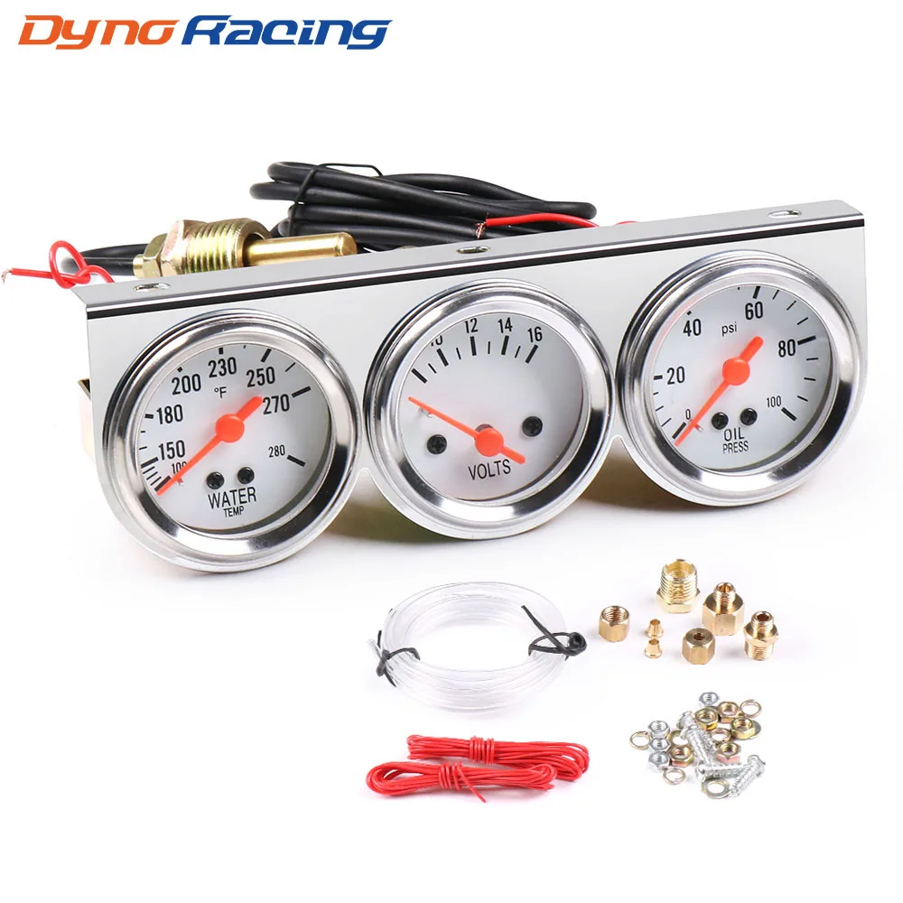 Chrome 2inch 52MM Triple gauge kit Volt meter Water temp Temperature gauge Oil press Pressure Gauge Car meter