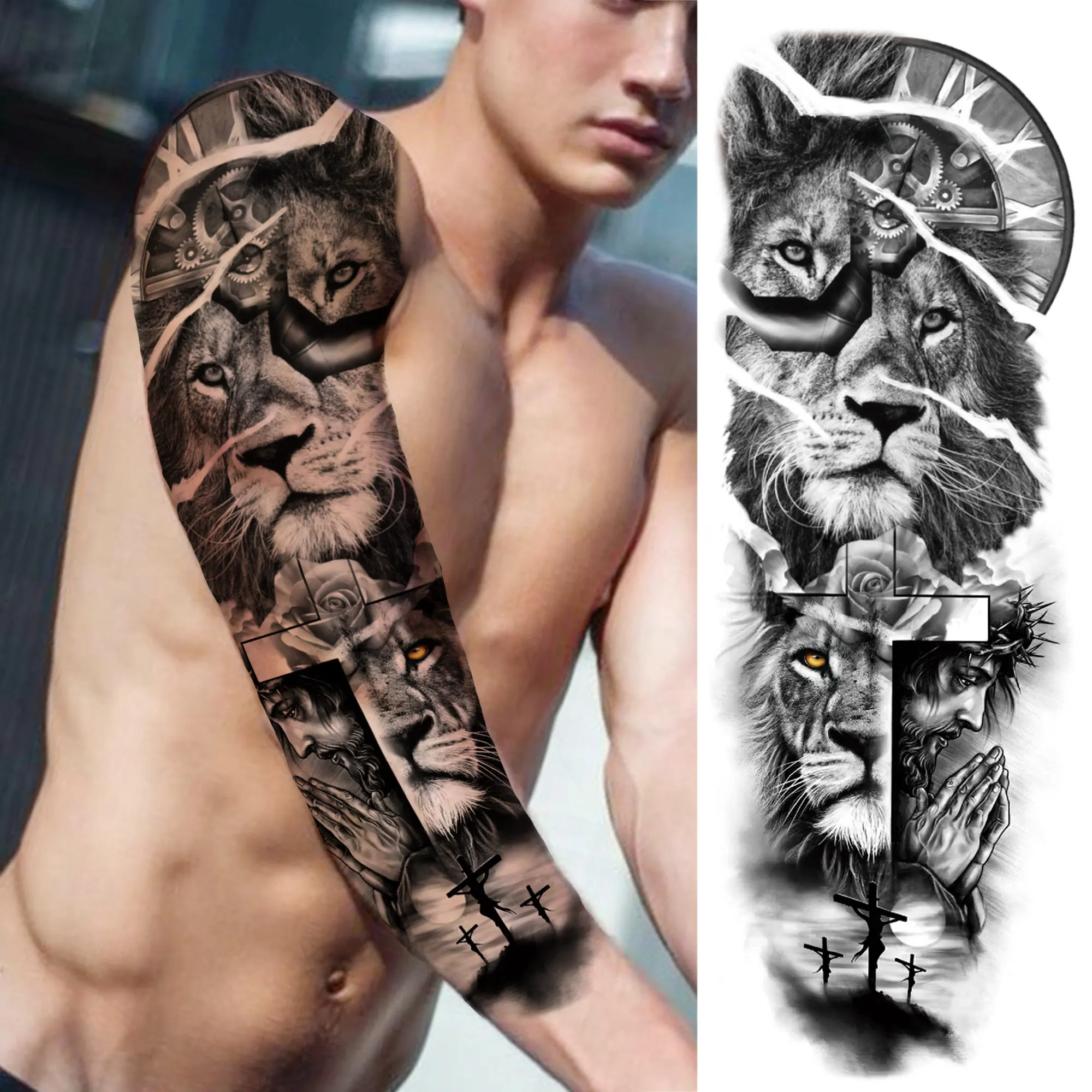 Mangas de tatuaje temporal supergrandes para hombres y mujeres, brújula, cabeza de Lobo, ojo, León falso, Dios, pluma, tatuaje, bricolaje, brazo