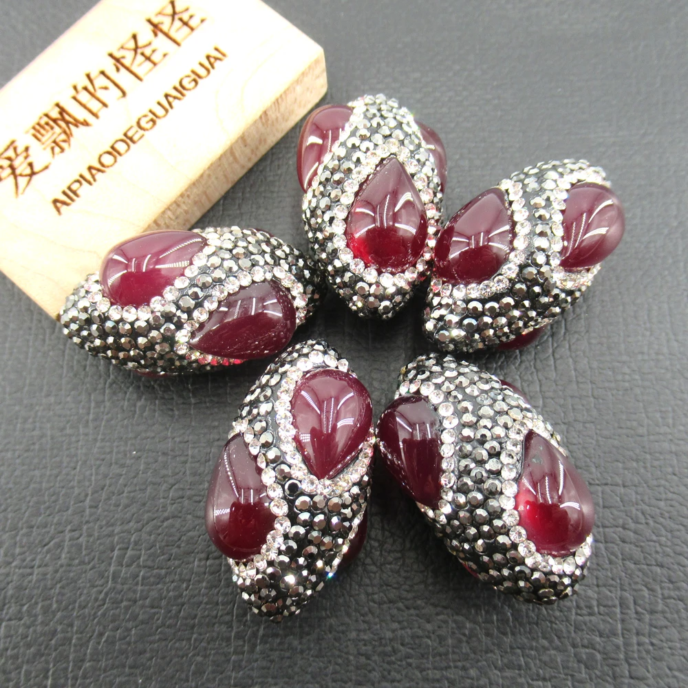 APDGG Wholesale 5 Pcs Oval Shape CZ Pave Red Black Rhinestone Pave Rose Agates Beads Jewelry Findings