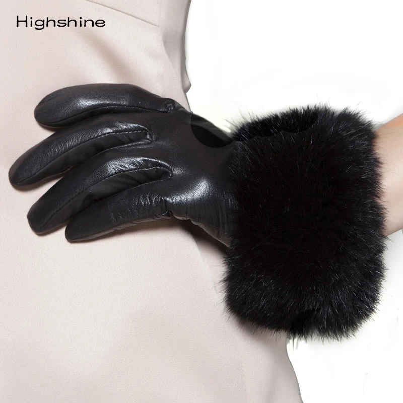 New Arrival gloves women Lady Black Leather Gloves Autumn Winter Warm Rabbit Fur Mittens guantes mujer