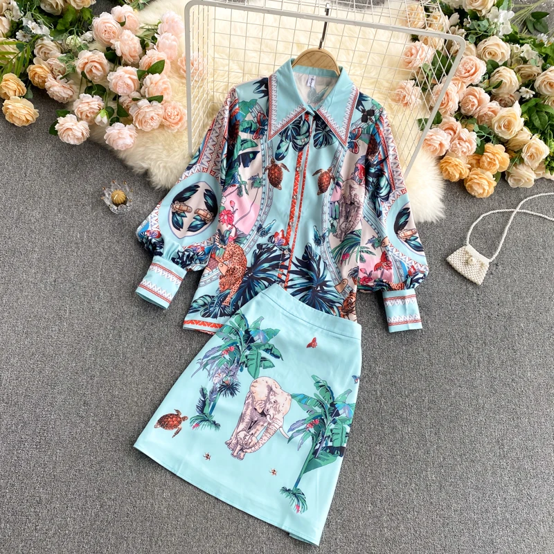 2021 Spring Two Piece Set Women\'s Suit Turn-down Colla Long Sleeve Blouse Tops And High Waist Shirts Vintage Printed Sets