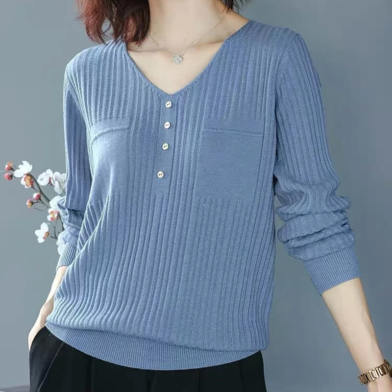 

Casual V-Neck Thread Sweater Plus Size Solid Knit T-Shirt Autumn Winter Long Sleeve Base Knitwear Tops Loose Stretch Pullovers