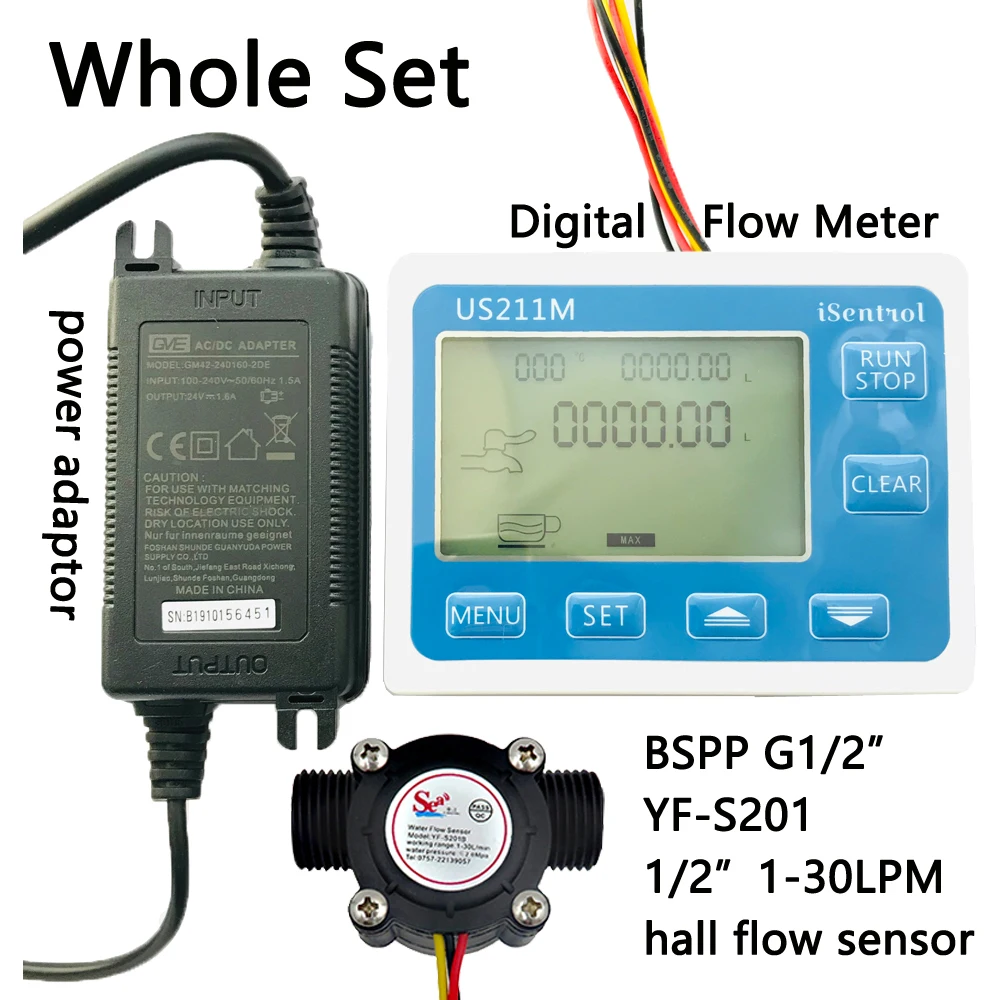 

US211M Digital Flow Meter Totalizer Flow Measurement with YF-S201 Nylon Water Flow Sensor G1/2" Turbine Flowmeter iSentrol