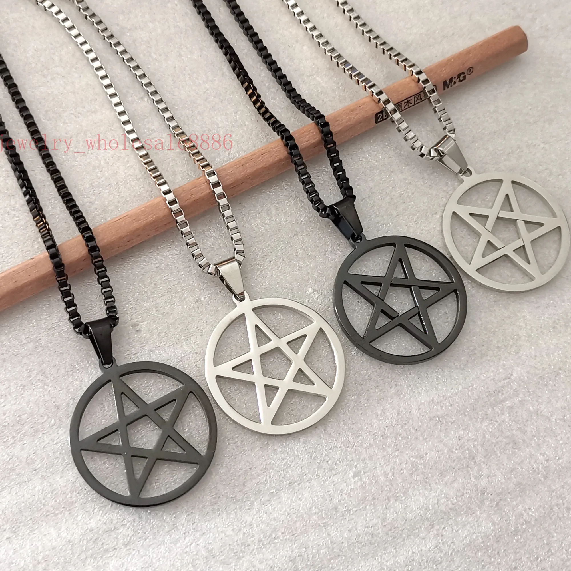 Men Pagan Wicca Inverted Star Pentagram Stainless Steel Pendant Necklace box Chain 2.4mm 24\'\'