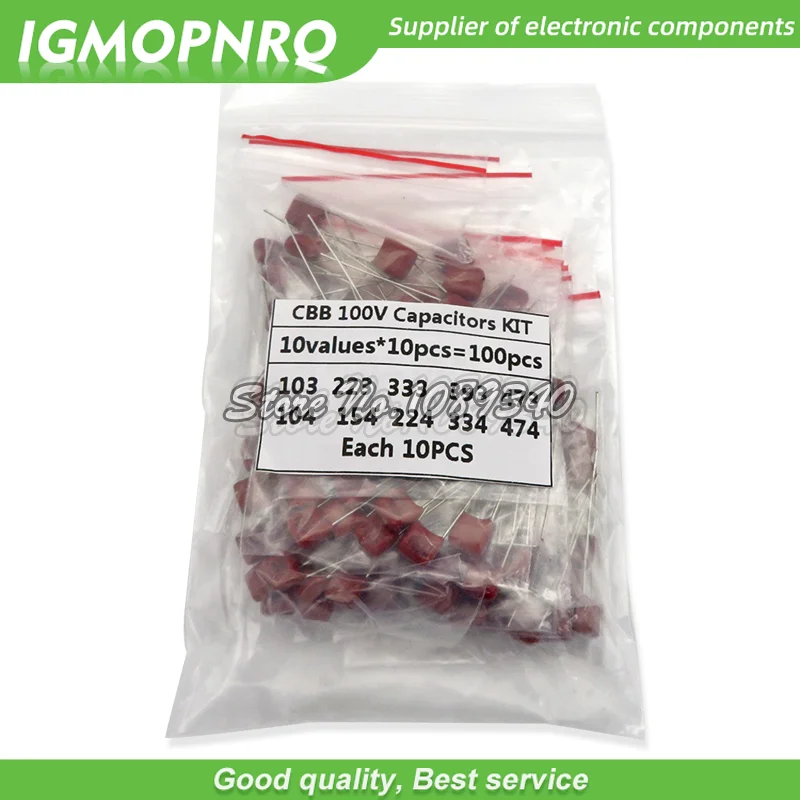 

KIT 100PC=10value*10PCS Metallized Polyester Film Capacitors CBB Assortment Kit 100V 10nF ~ 470nF igmopnrq