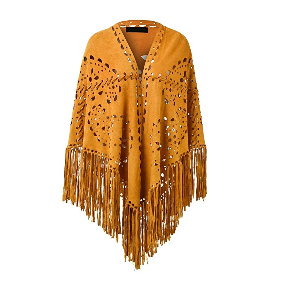 Ladies Elegant Suede Open Poncho Shawl Wrap with Laser Cut Patterns and Statement Fringing Tassel Dropshipping