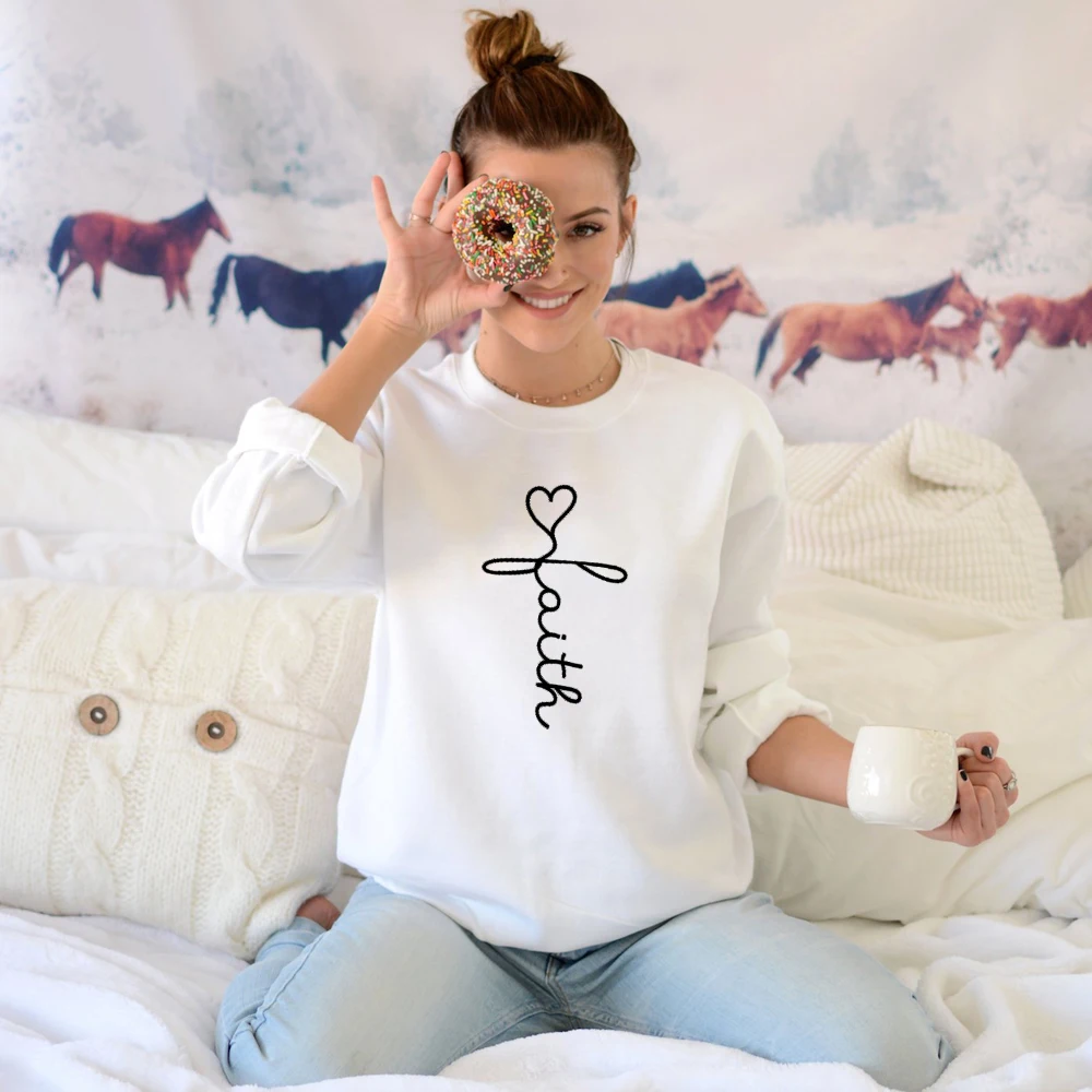 Faith Heart Cross Sweatshirt Scripture Women Christian Church Sweatshirts Fashion Long Sleeve Graphic Jumper Pullovers Outfits