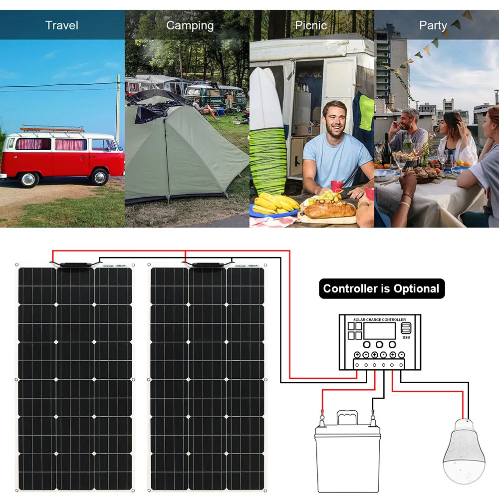 solar panel kit and 300w 200w 100w flexible solar panels 12v 24v high efficiency battery charger module