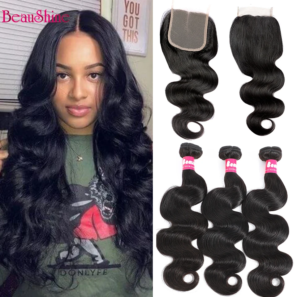 Beaushine Body Wave Hair Bundles With Closure 28 30 INCH Brazilian Human Hair Lace Closure With Hair Bundles 4x4 Lace Closure