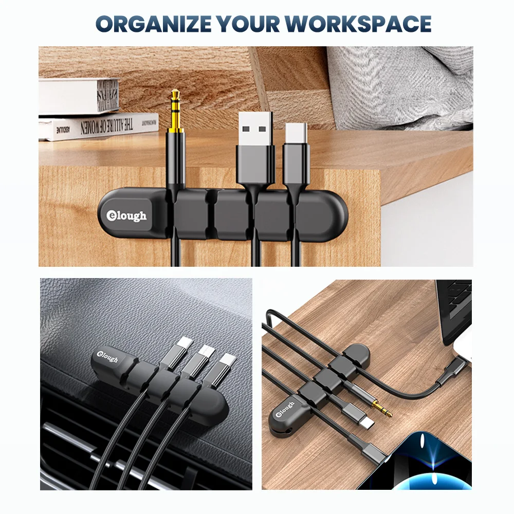 Organizador de Cables de escritorio, gestión de cables de silicona, Clips enrolladores USB, soporte para ratón, auriculares, organizador de cables