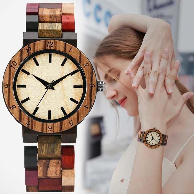 Vintage Mixed Color Irregular Blue Lines Watch Women Fashion Wooden Watch Wooden Bracelet Watch Women's Wrist Reloj Mujer