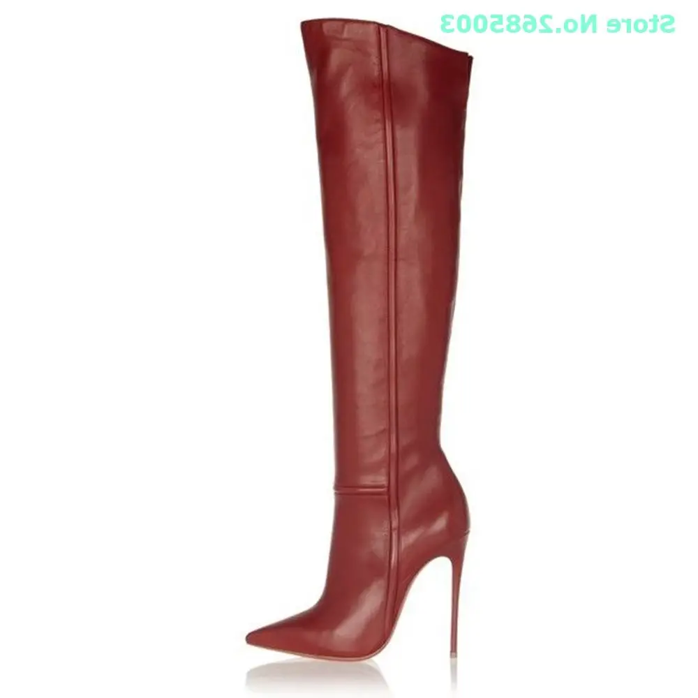 Pure Red Leather Boots Pointy Toe Solid Long Shoes Stiletto Heels Over The Knee Designer Banquet Boots Autumn Winter Matte Shoes