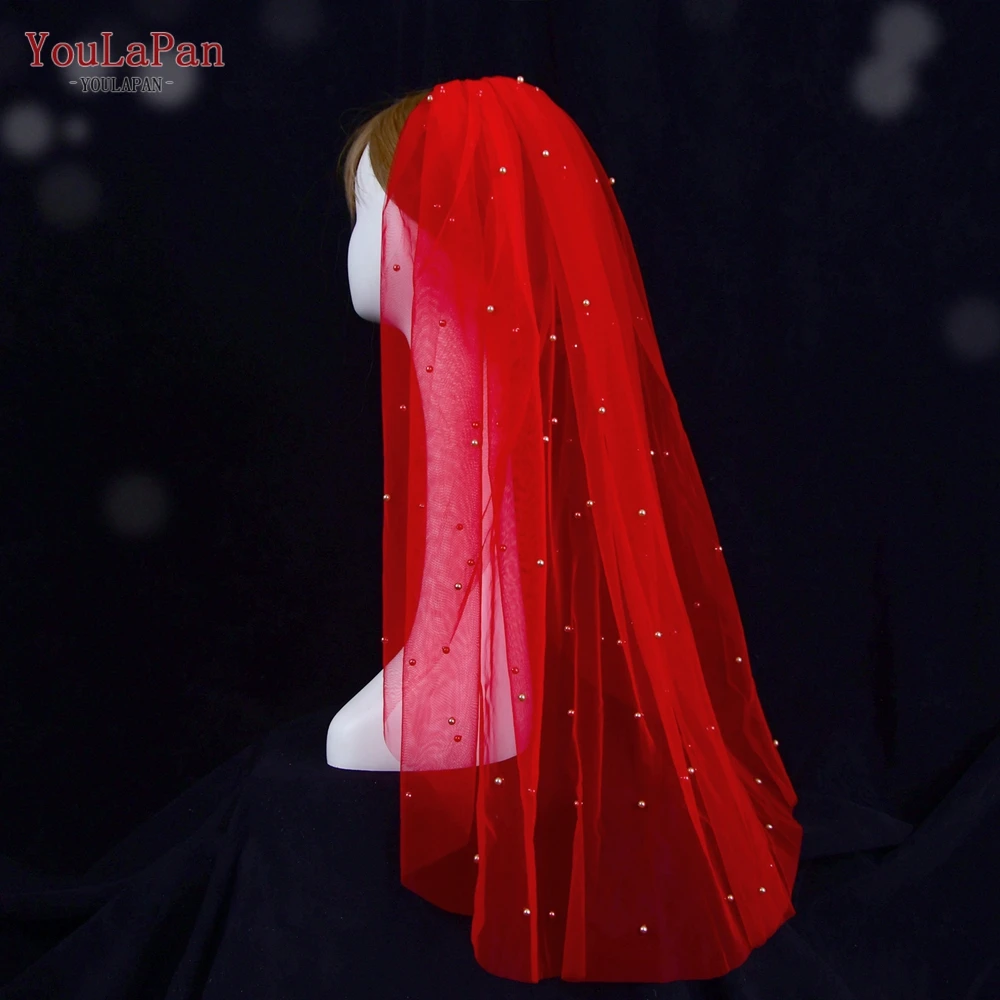 YouLaPan-V89 신부 베일 레드 컬러 베일, 인도 신부 레드 베일 진주 성당 베일 웨딩 바로크 신부 베일