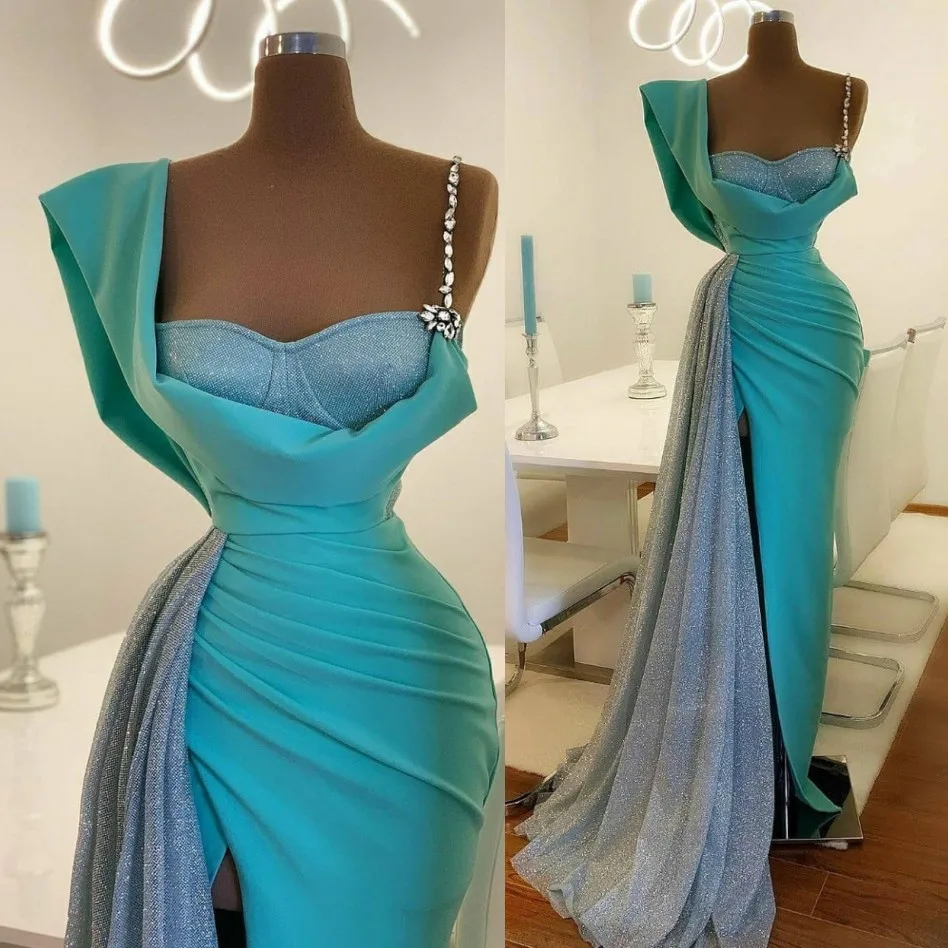 3 Pieces Aqua Blue Evening Dress Gorgeous Long robe de soiree abiye Straps Crystals Evening Dresses Removable Slit Prom Gowns