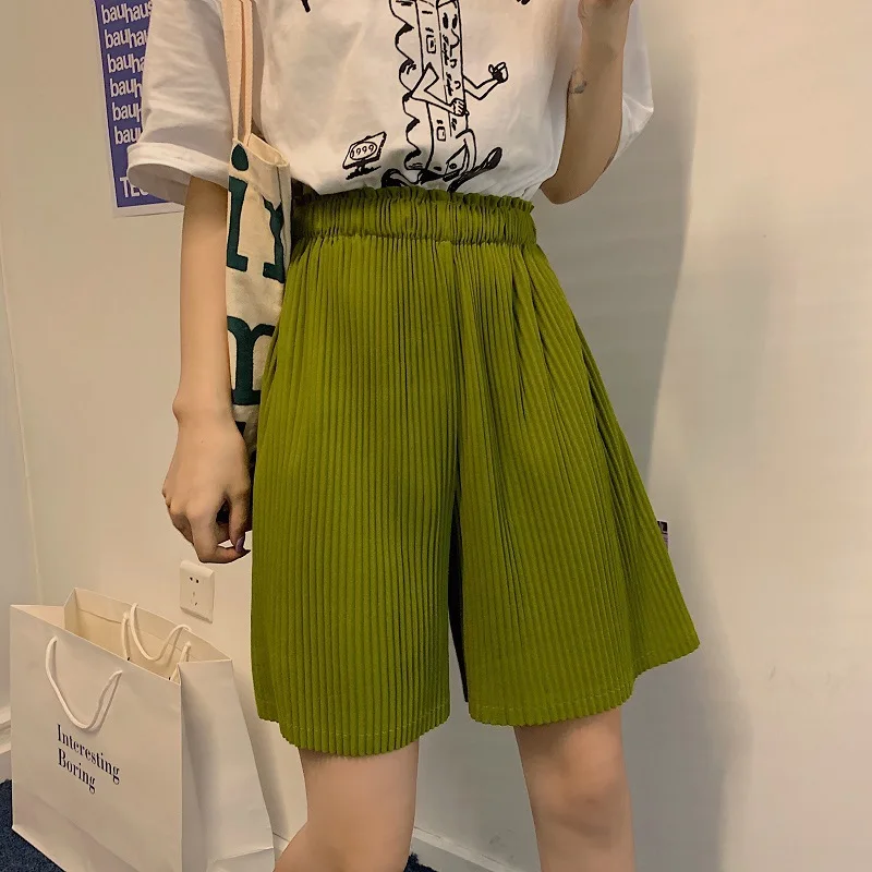 Casual solto alta rua harajuku cintura elástica shorts moda plissado shorts coreano moda perna larga roupas de verão para mulher