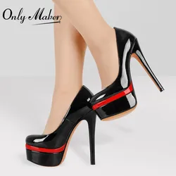 Onlymaker Women Pumps Black Patent Leather Double Platform 16cm Thin High Heels Slip On Stilettos Party Dress Sexy Shoes