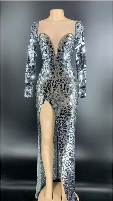Robe Longue Transparente à Manches sulfpour Femme, Vêtement à Effet Miroir, pour Anniversaire