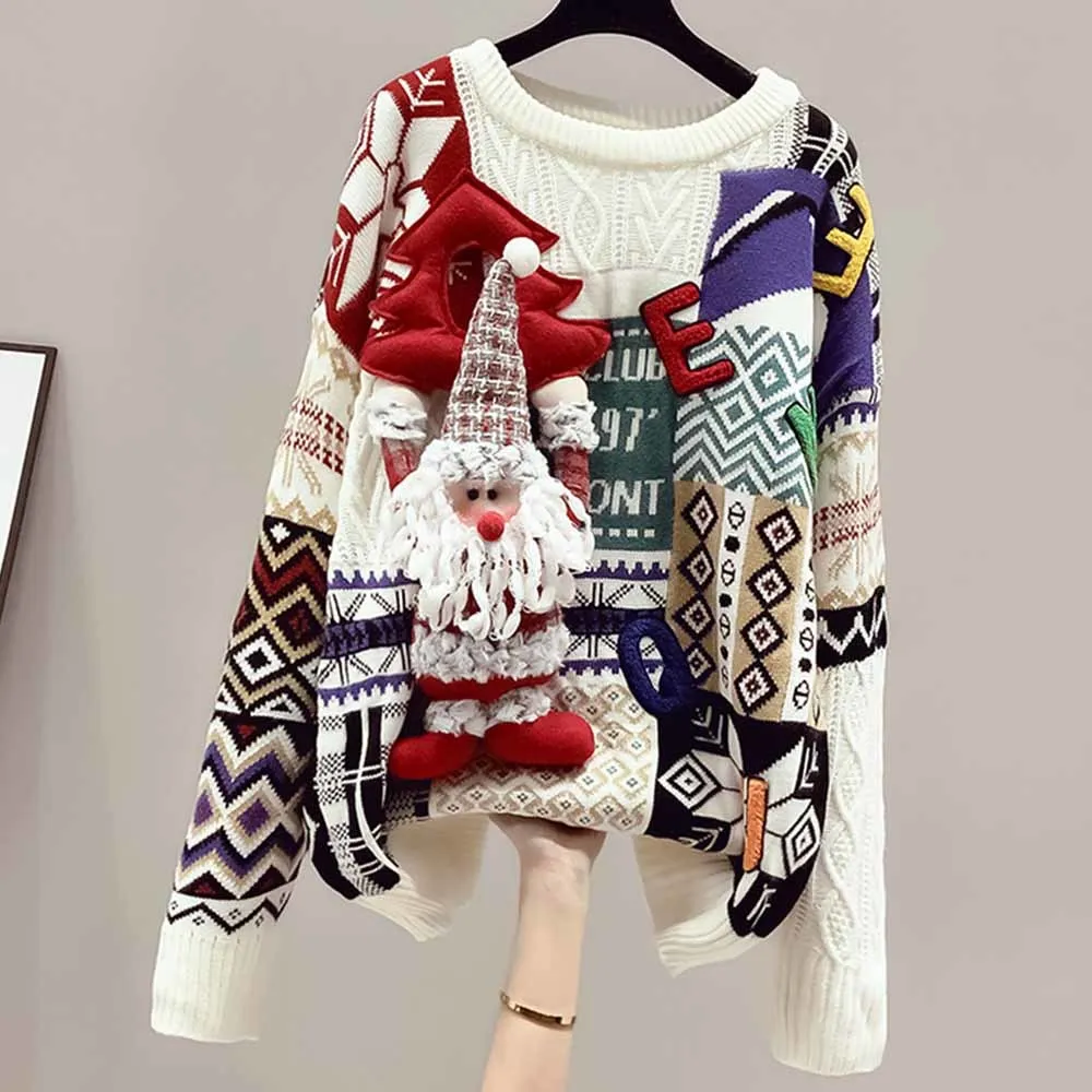 Women\'s Christmas Sweaters Cartoon Appliques Red Knit Pullovers Long Sleeve Autumn Winter Casual Loose Outerwear Sweater