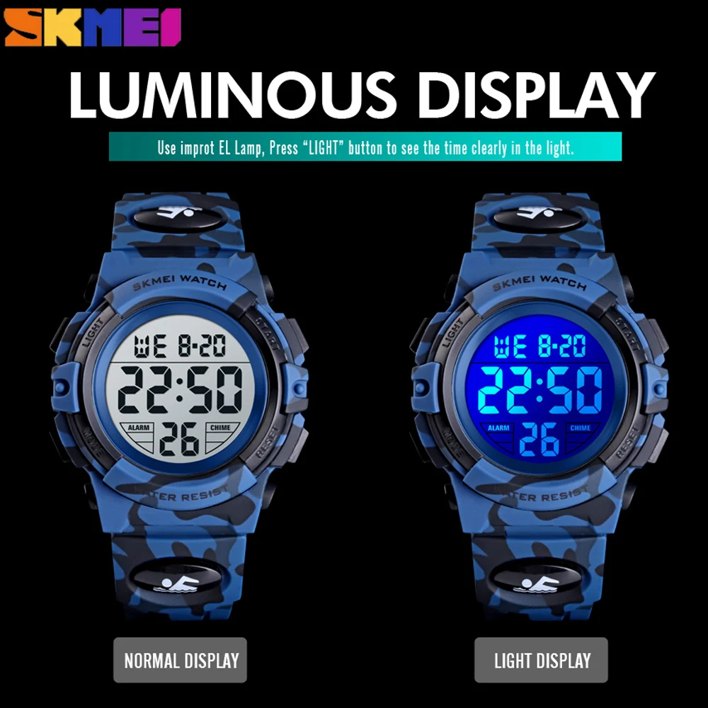 SKMEI-reloj Digital militar con luces de colores para niños, cronómetro, pulsera infantil