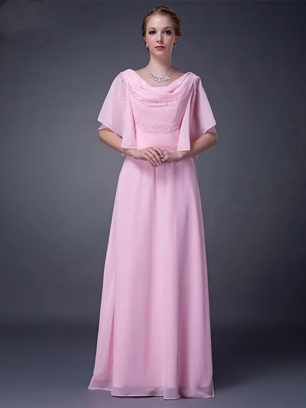 Pink Mother Of The Bride Dresses A-line Half Sleeves Chiffon Beaded Plus Size Long Elegant Groom Mother Dresses Wedding