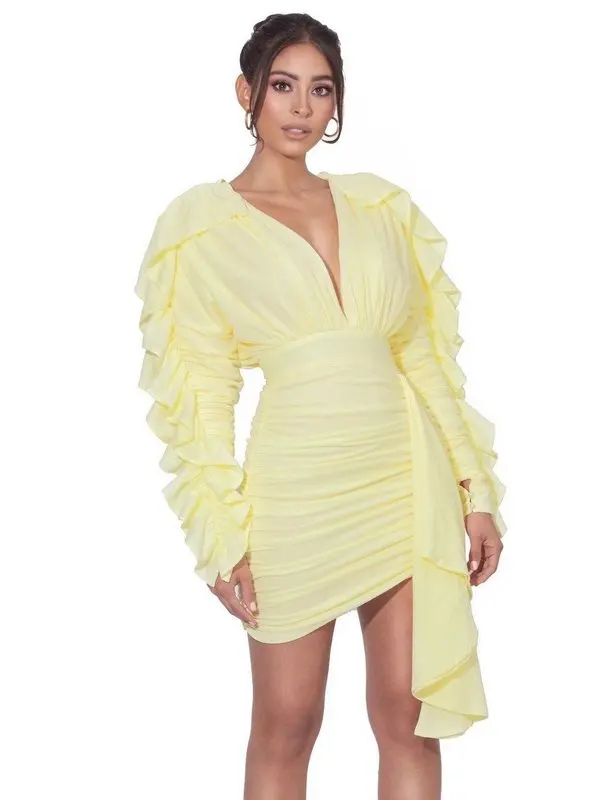 High Quality Celebrity Yellow Green Long Ruffles Sleeve Bodycon Dress Elegant Cute Dress Vestidos