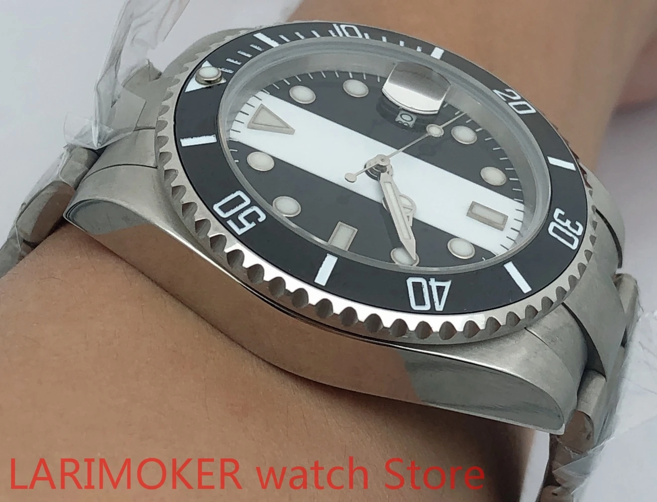 الفولاذ المقاوم للصدأ حزام سوار الياقوت الزجاج الأسود الأبيض الهاتفي الأسود الحافة التلقائي لف مقاوم للماء 100 م ساعة رجالي