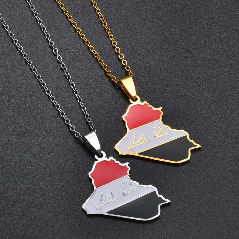 Anniyo Republic Of Iraq Map Flag Pendant Necklaces Jewelry Charms Map Of Iraq Chain Necklace #267721