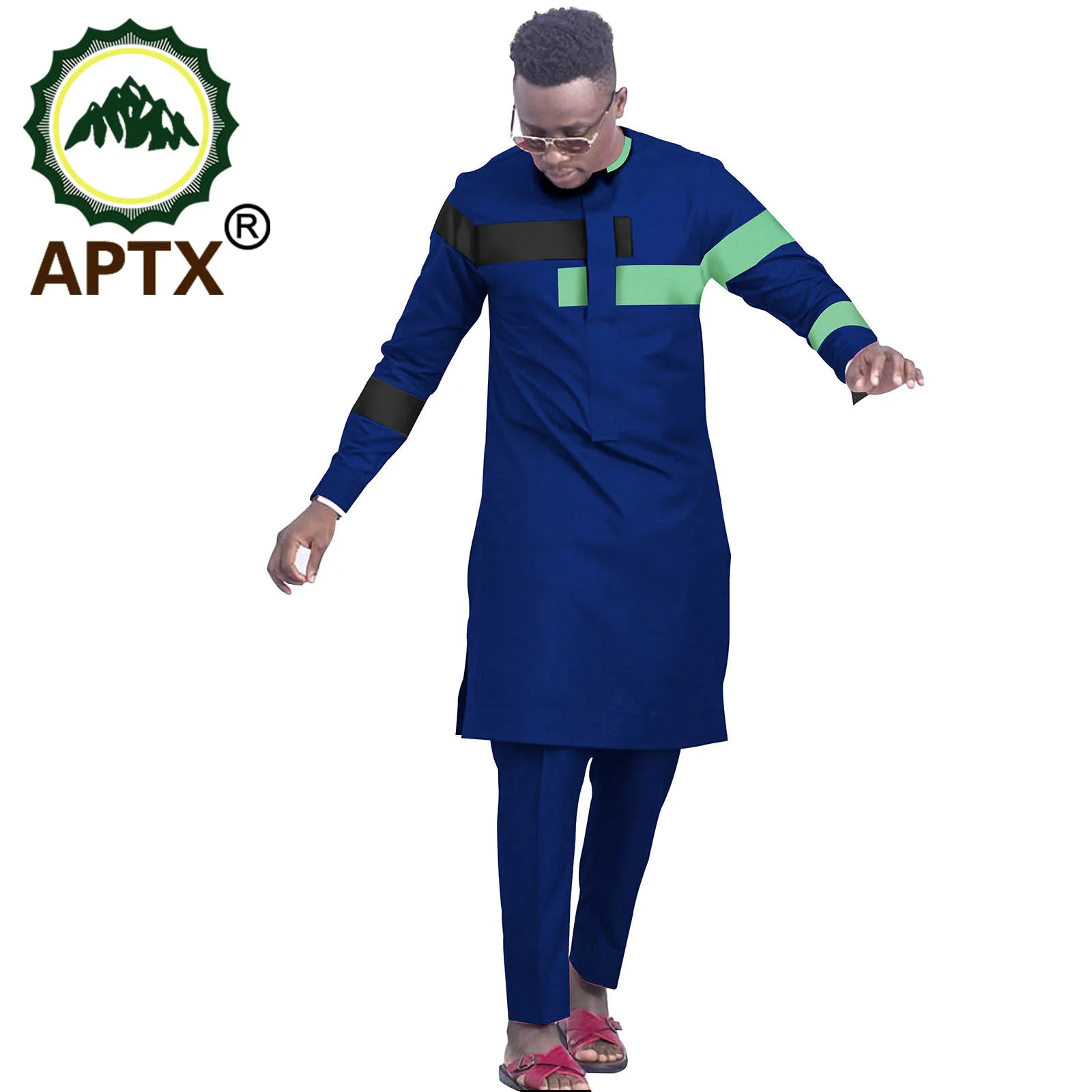 African Clothes For Men Personality Bicolor Design Bicolor Ankara Rich Bazin Long Sleeve Casual Robe 2 Piece Set Top Pants