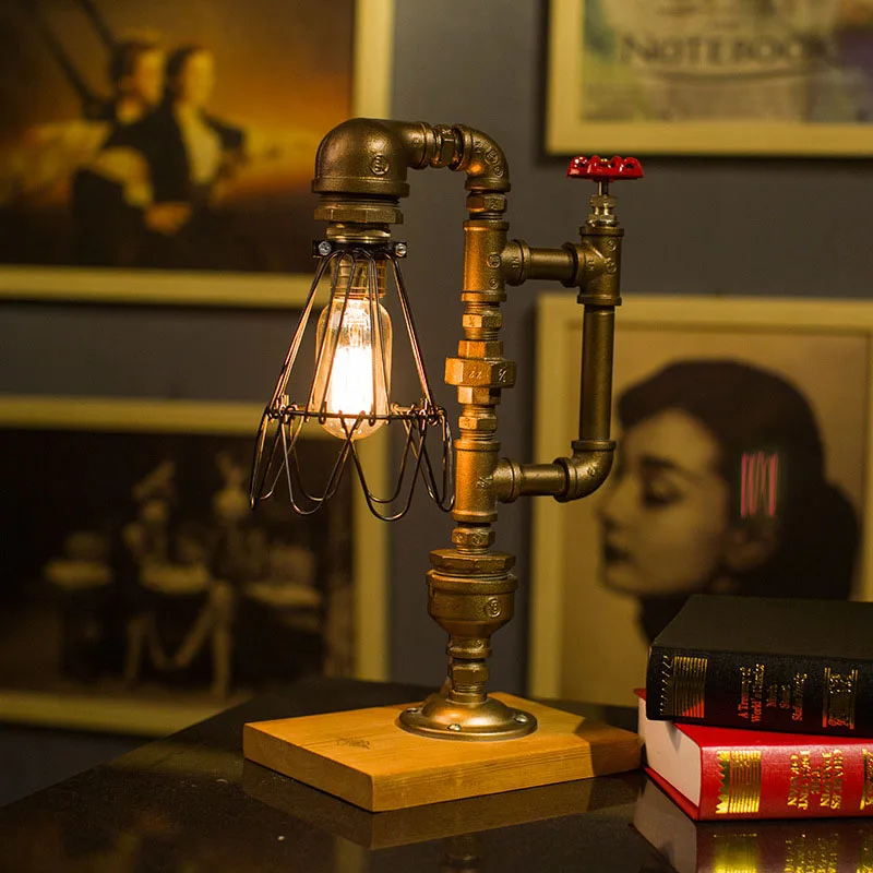 Loft Industrial Style Retro Desk Lamp Edison Water Pipe Lamp American Bedroom Study Water Pipe Decorative Table Lamp