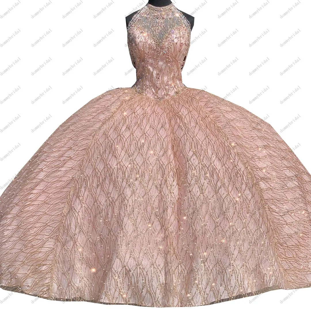 Glitz Rose Gold Baljurk Quinceanera Jurken Goedkope Lange Halter 2022 Vestidos De 15 Prinses Crystal Kralen Formele Avondjurken