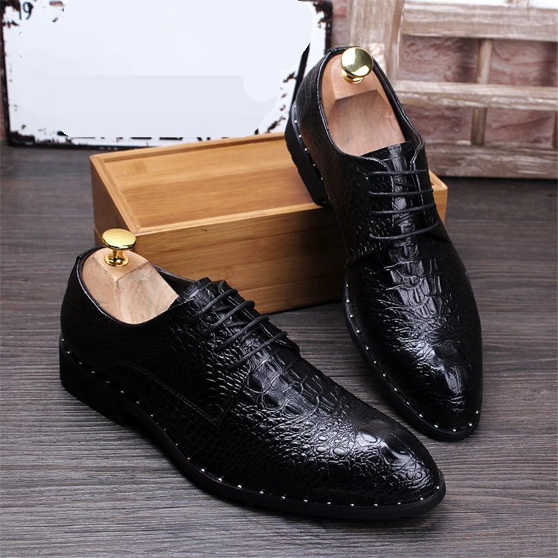 Fashion Men\'s Crocodile Grain Leather Dress Shoes Man Casual Pointed Toe Oxfords Mens Lace-Up Business Office Oxford Shoe