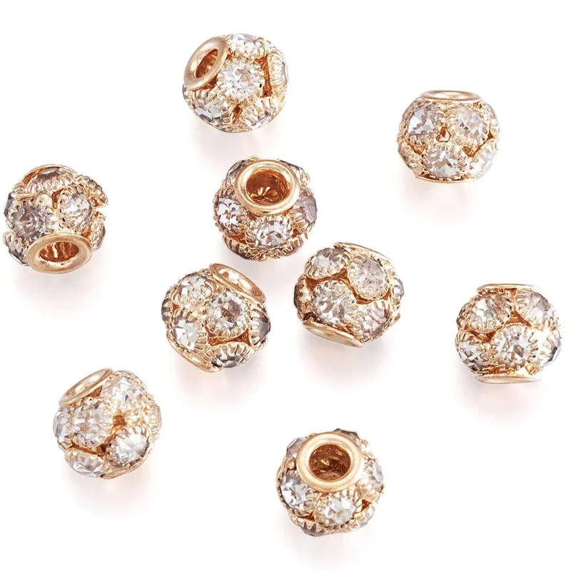 10Pc Gold Color Rhinestone Disco Ball Murano Charms Large Hole Beads Fit Bracelet Women Wedding DIY Jewelry Accessories