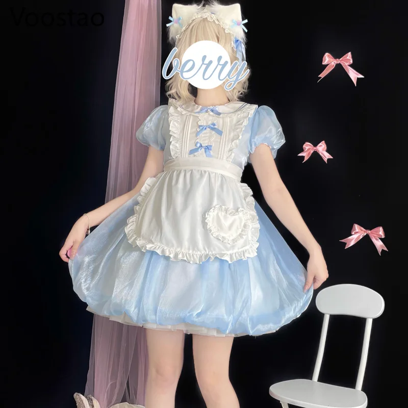 Japanse Zoete Lolita Op Jurk Zomer Vrouwen Victoriaanse Leuke Puff Mouwen Party Dress Vintage Meisjes Kawaii Boog Ruches Maid Jurken