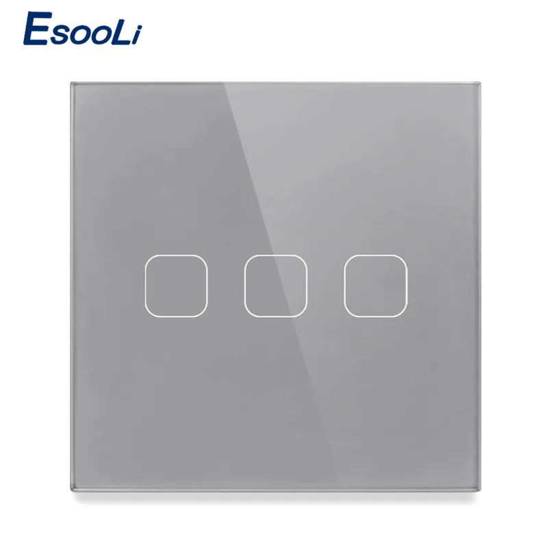 Esooli EU/UK standard 1/2/3 Gang 1 Way Touch Switch Gray Crystal Glass Panel Touch Switch Light Wall Only Touch Function Switch