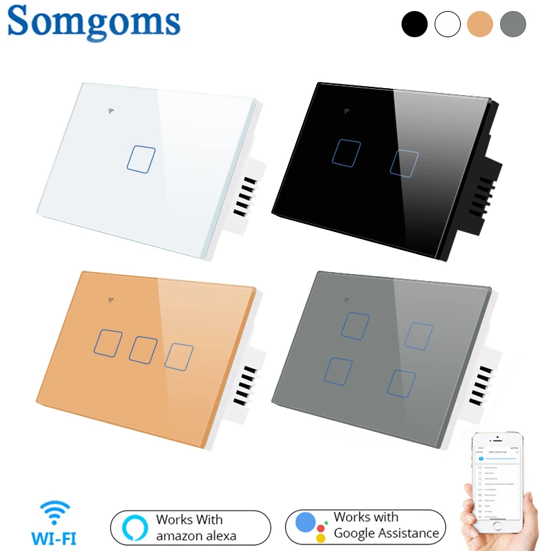 Somgoms Wifi Smart Light Wall Touch Switch 1234Gang Smart Life/Tuya App Control Alexa Google Home Voice Control US 2/3 Way