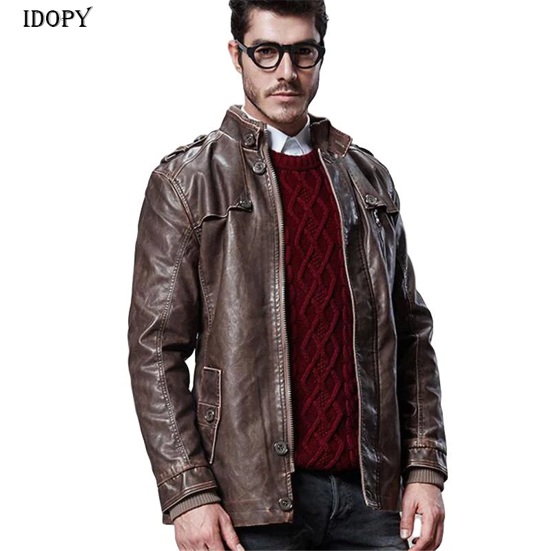 Idopy  Fashion Men's Winter Warm Biker Leather Jackets Fleeced Motorcycle Faux Leather Coats Stand Collar Plus Size 4XL