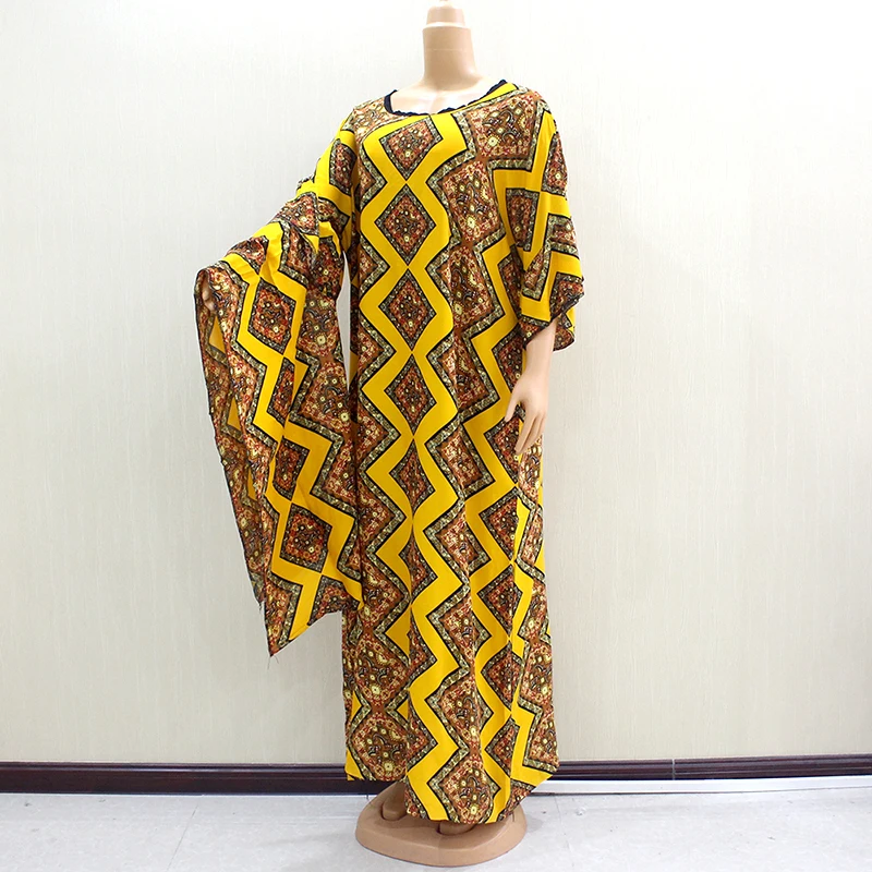 

2020 Yellow Color 100% Cotton O-Neck Beautiful Noble Elegant Fashion Women Long Dress African Dashiki Long Dress