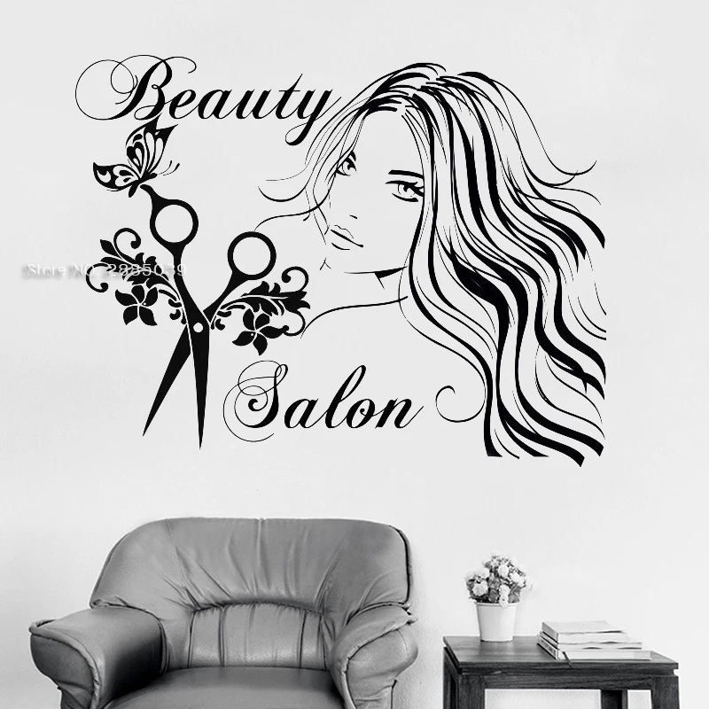 Hair Studio Sign Wall Decal Beauty Salon Vinyl Sticker Scissors Wall Art Decor Fashion Hairdressing Art Murals Girl Decor LC1731