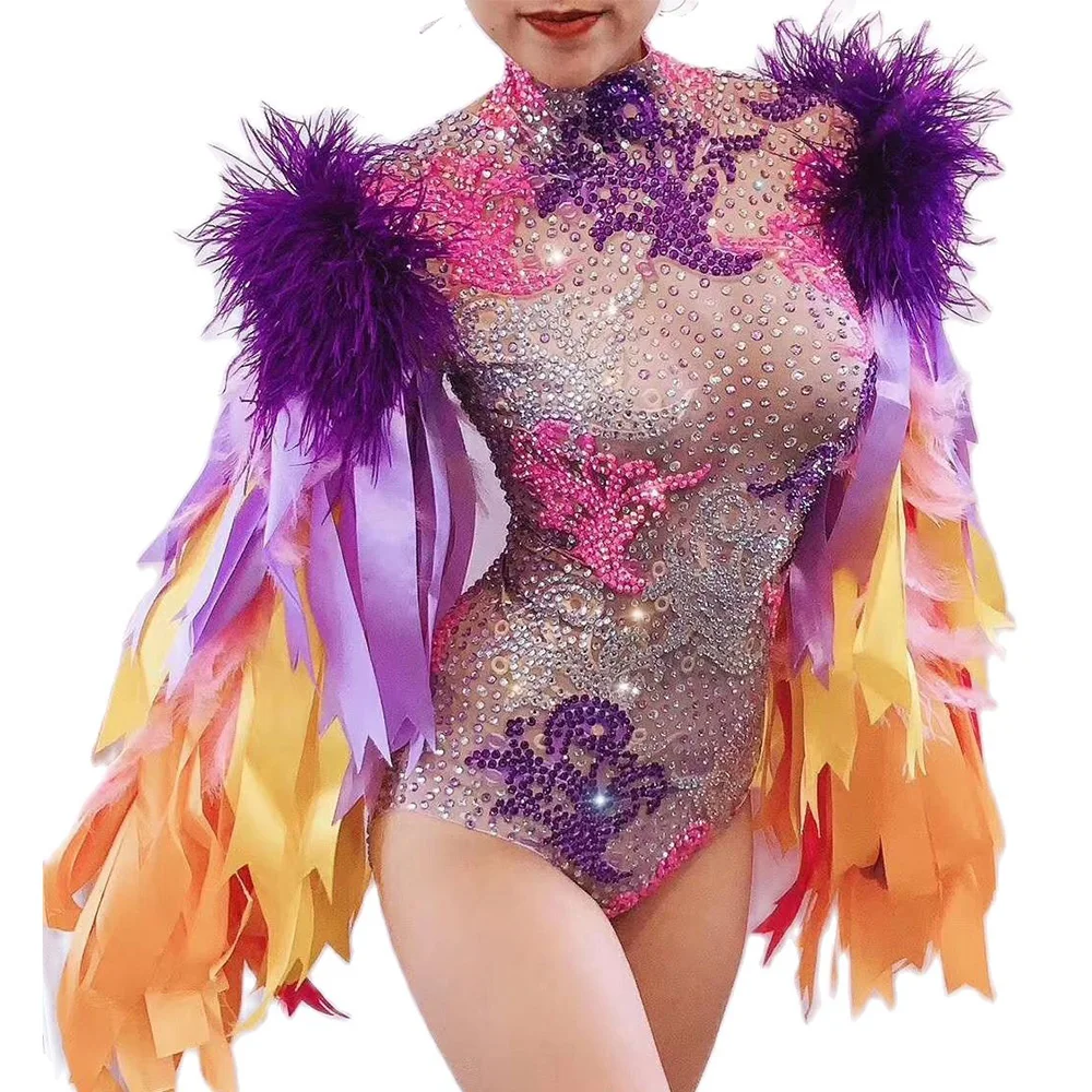 Nightclub Women Dance Show Wear Bodysuit Colored Ribbon Sleeve Feathers Rhinestones Printing Stage Performance Drag Queen Outfit