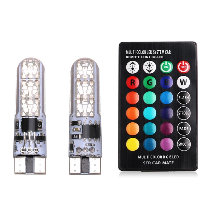 2x T10防水W5w 501車ウェッジサイドライトインテリアのBulb-6SMD 5050 rgb 7色ledリモコン (バッテリなし) ストロボフラッシュウェッジランプ