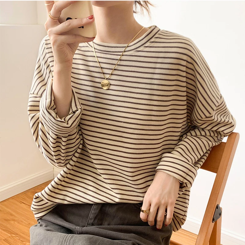 AOSSVIAO 2024 100% Cotton Stripe T Shirt Women Harajuku Basic Loose Long Sleeve Tees Soft Female Solid Tops Khaki Summer Jumper