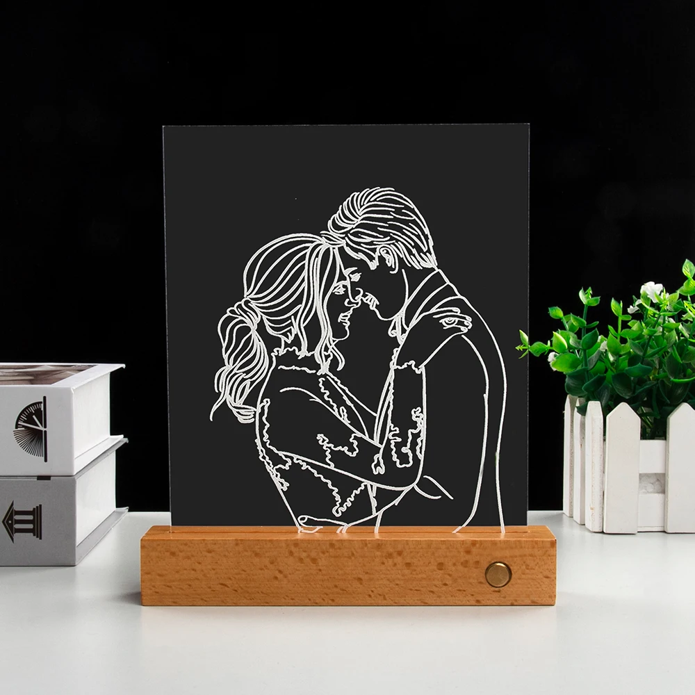 Lámpara acrílica personalizada, luz nocturna con texto de foto personalizado, lámpara con Base de madera recargable por USB, regalo de fiesta para el día de la madre y la boda