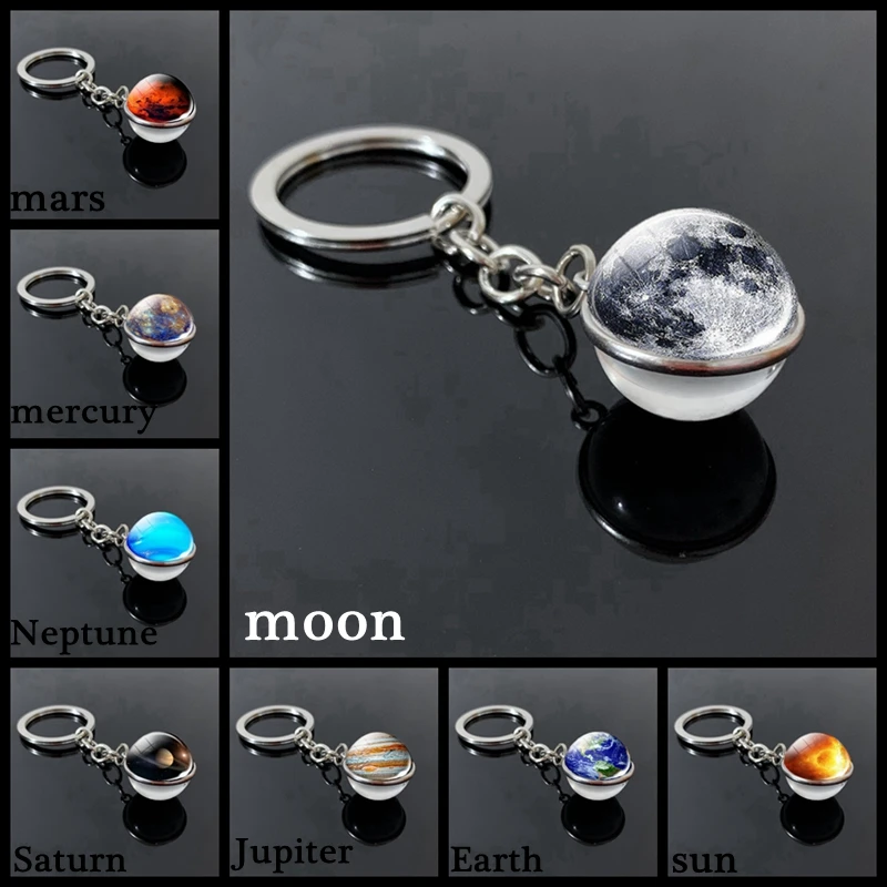 Solar System Planet Keyring Galaxy Nebula Space Keychain Moon Earth Sun Mars Art Picture Double Side Glass Ball Key Chain