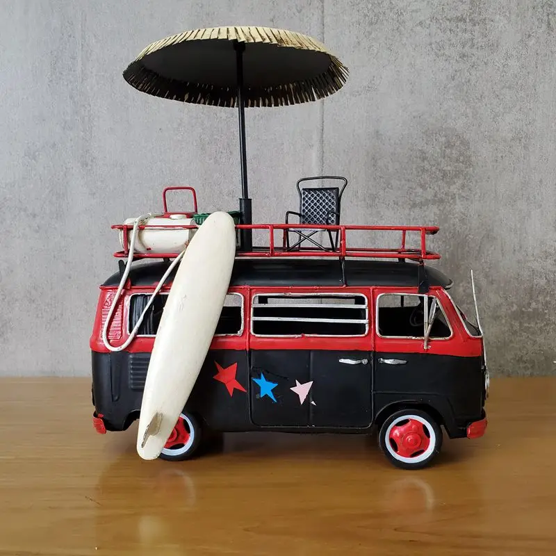 Camping Surf Bus Touring Car Model Decoration Access Ironwork Crafts Handmade Works Collection Handicraft Dector Gifts Nostalgic