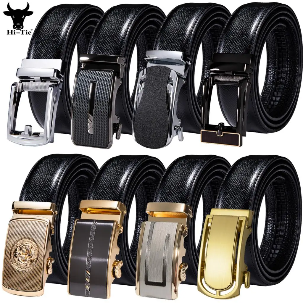 

Luxury Black Cow Leather Mens Belts Metal Automatic Buckles Ratchet Straps Waistband For Dress Jeans Men Belt Business Wedding