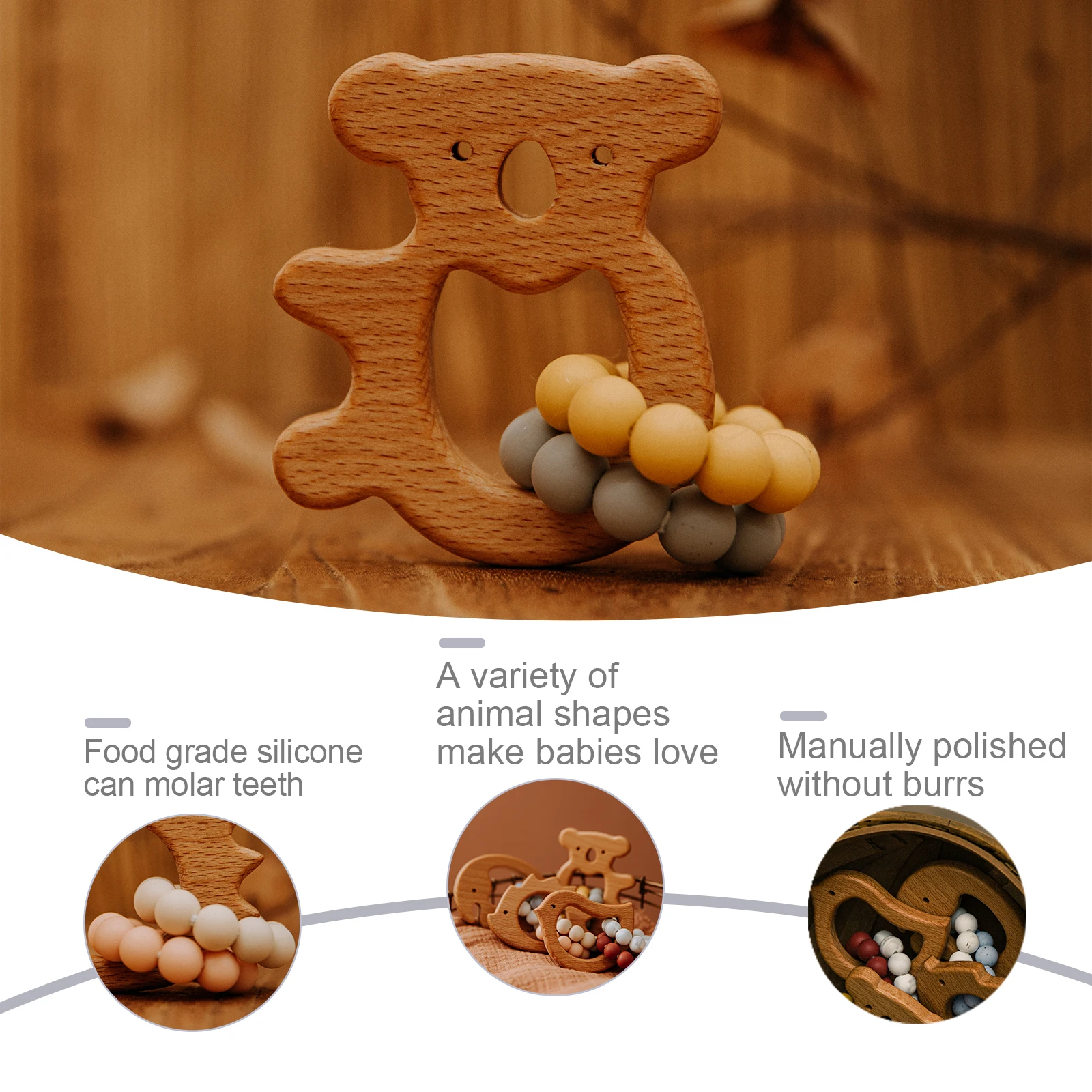 Newborn Baby Toys Wooden Animals Teether Engraved Bead Crafts Ring DIY Crochet Beads Soother Bracelet For Baby Rattle Gifts