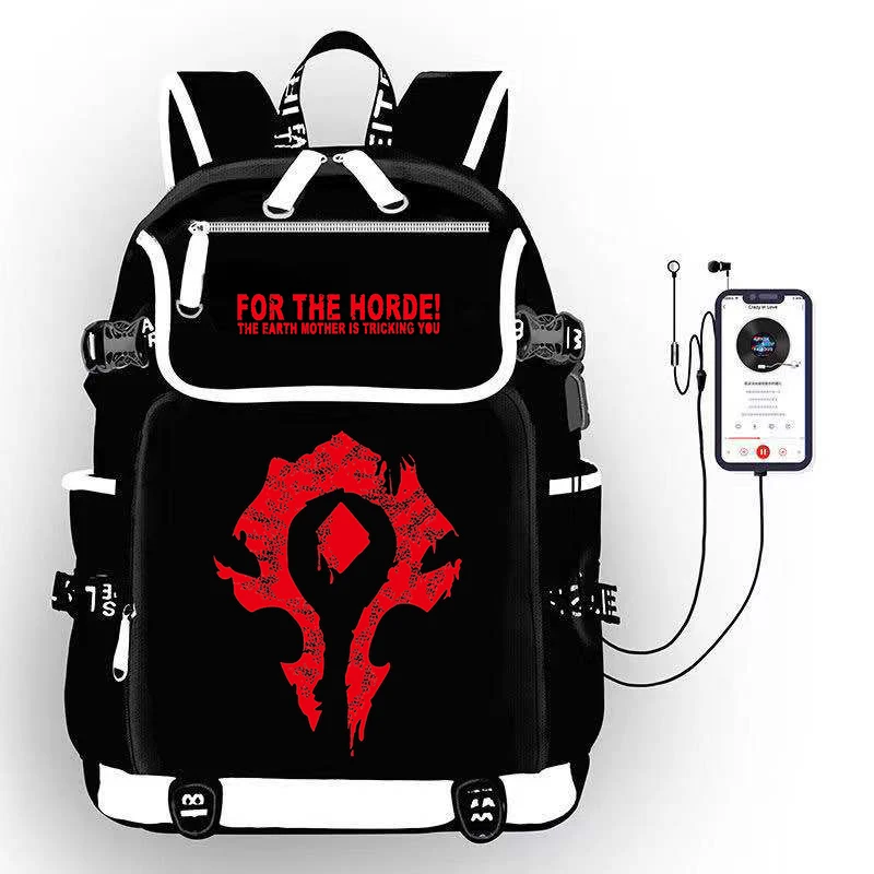 

For The Horde Alliance USB Port Backpack Bag Kids School Book Students Outdoor Shoulder Bag Rucksack Laptop Computer Mochila