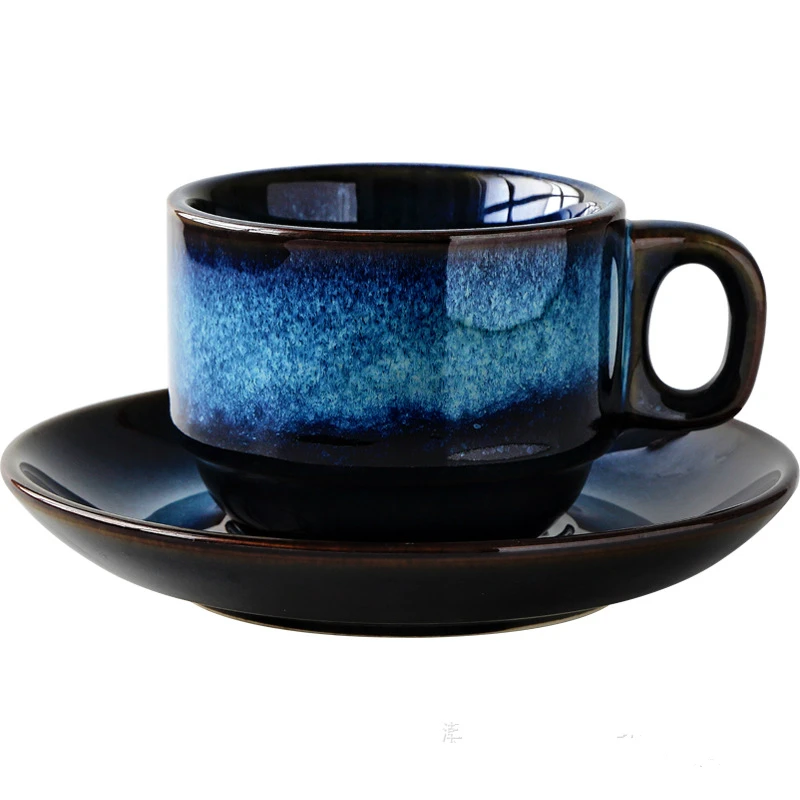 Fashionable porcelain craftsman ceramic coffee cup and dish set creative breakfast cup afternoon tea Japanese simple Blue