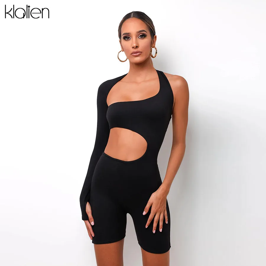 KLALIEN casual elastic solid sportswear female playsuit long sleeve sexy hollow out romper women activewear high street wear