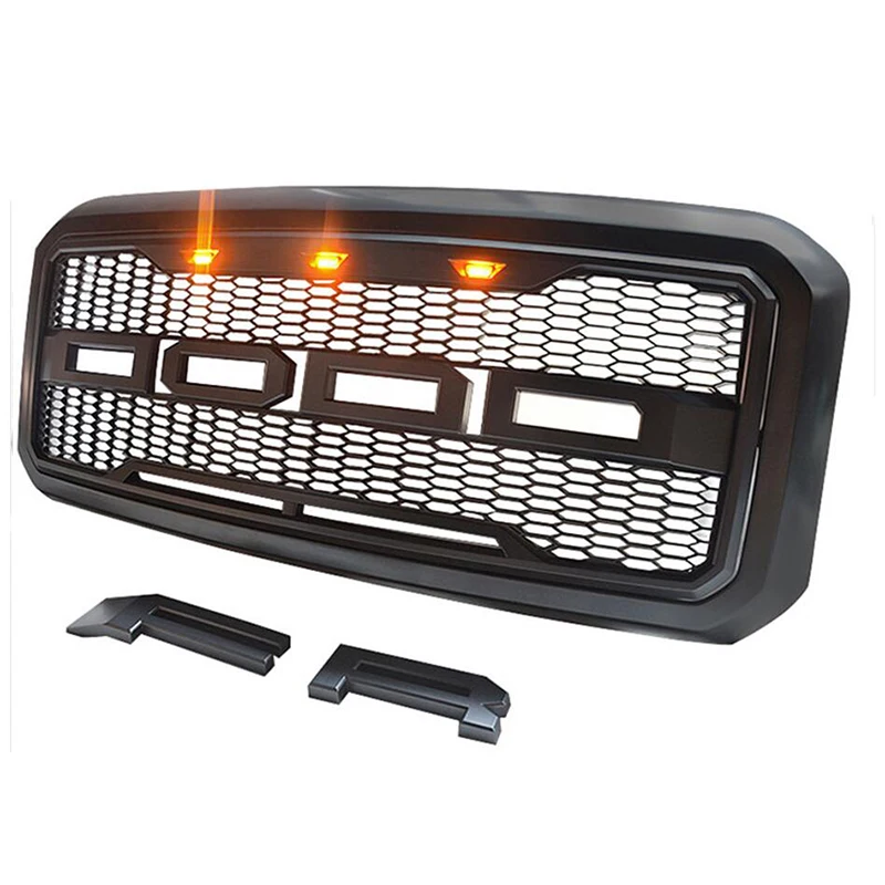 Racing Grill for Ford F-250/350 2011-2016 Car Front Bumper Mesh Grids Matt Black With 3 LED Amber Lights Raptor Style